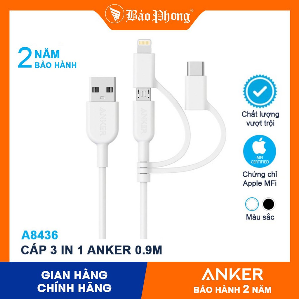 Dây Cáp Sạc 3 in 1 Anker A8436 Powerline II 0.9M Lightning - Type C - Micro USB cho iPhone Samsung Oppo 3 đầu IP 12 11 X