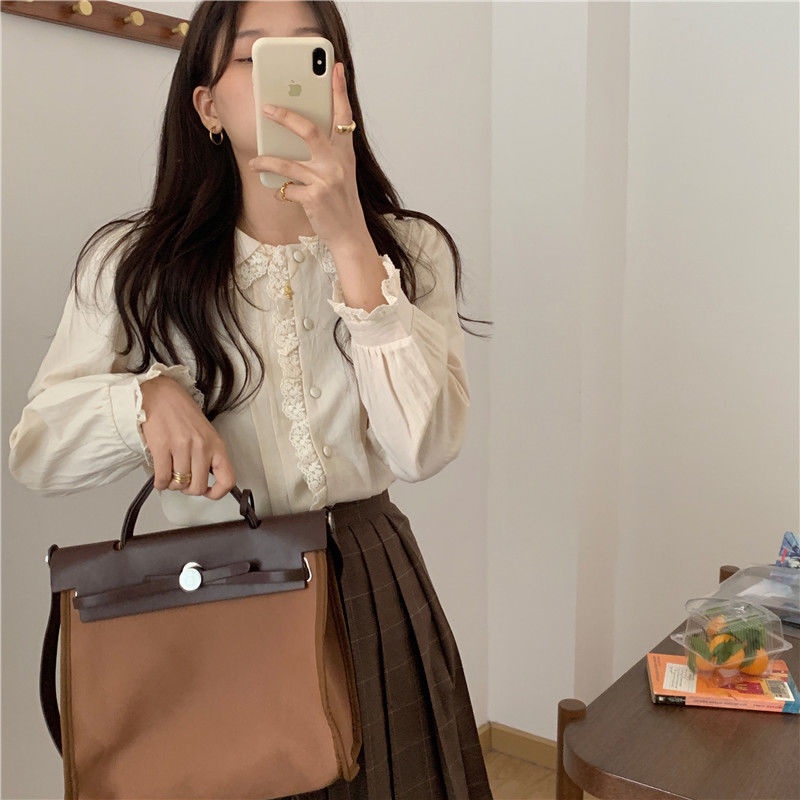 Áo Sơ Mi Tay Dài Cổ Ren Đa Năng Màu Sắc Ngọt Ngào Phong Cách Hàn Quốc Thời Trang Xuân Thu Cho Nữ