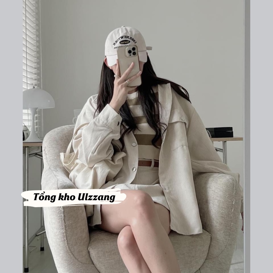 Set áo khoác sơ mi nhung tăm dài tay mix chân váy chữ A trẻ trung