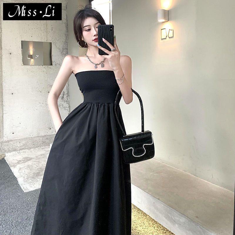 Hàng Có Sẵn Bán Chạy~Đầm Ống Lửng Dài Qua Gối Màu Đen Cá Tính Thời Trang Mùa Hè Năm 2021