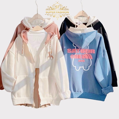 Áo Khoác Hoodie Nam Nữ IN Gấu SATUDR Kiểu Khóa Kéo Phối 2 Nón Thời Trang Super Fashion