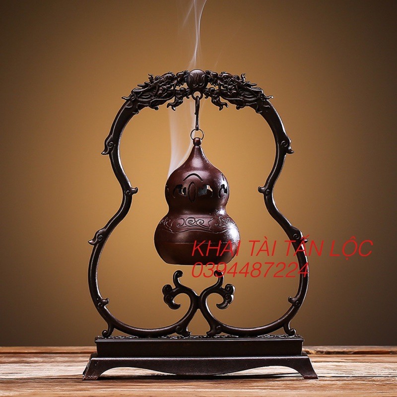 Lư xông trầm hồ lô treo song long tranh châu phong thủy bằng đồng