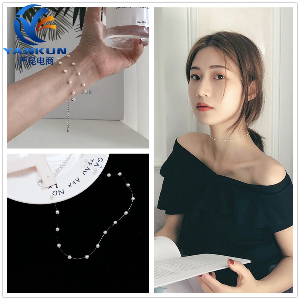Vòng cổ dây mắc xích đính hạt giả ngọc trai