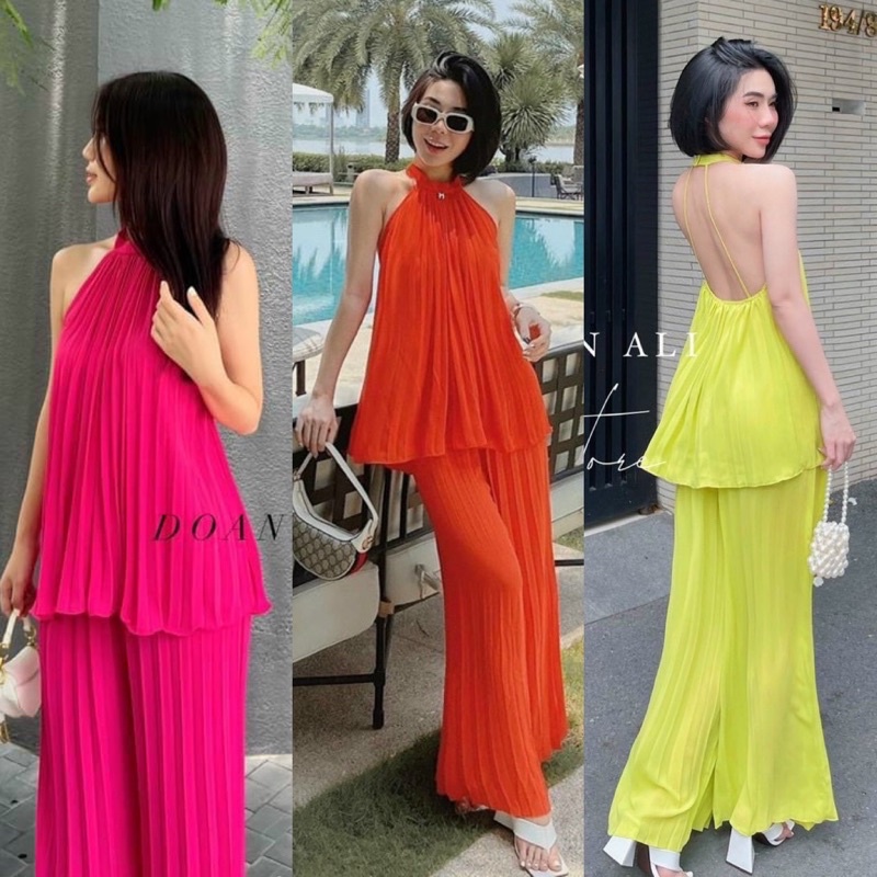 Set voan lụa dập ly áo 2 dây cổ yếm hở lưng +quần suông dài cao cấp cam/hồng/xanh dạ, thời trang hotgirl đi chơi dạo phố