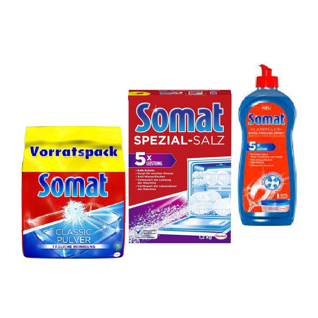 Combo Bột Somat 1,2kg+ Muối Somat 1,2kg+ Nước làm bóng Somat 750ml NK Đức cho máy rửa chén bát