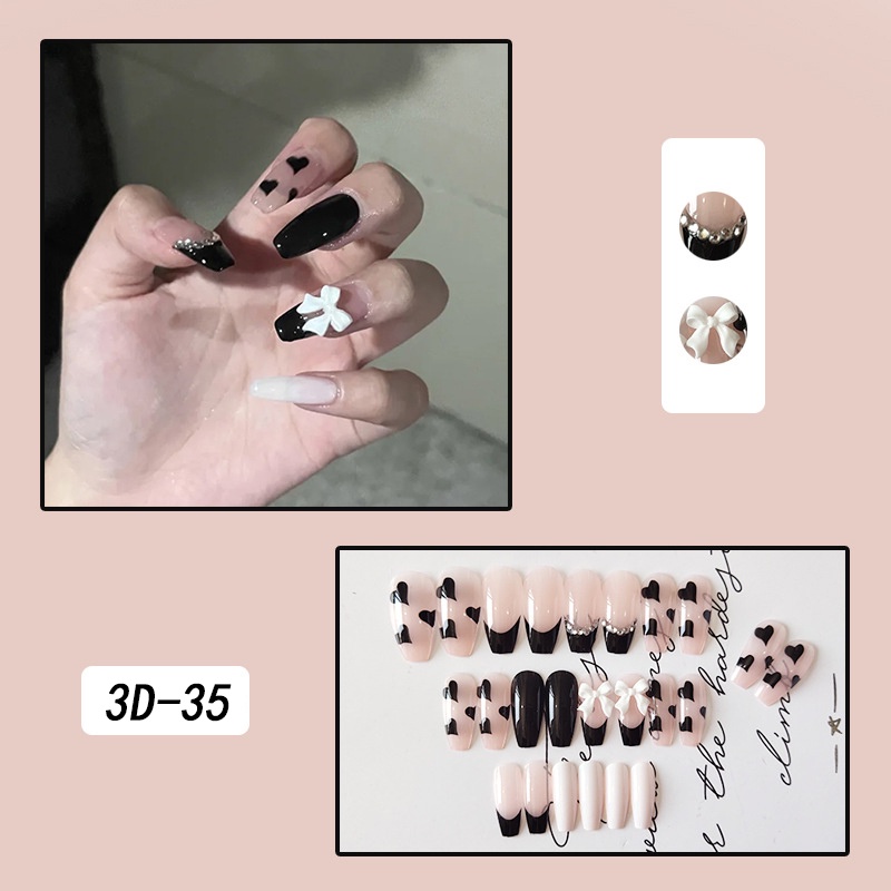 Set 24 móng tay giả thiết kế kiểu dáng 3D kèm keo dán phong cách Pháp tinh tế