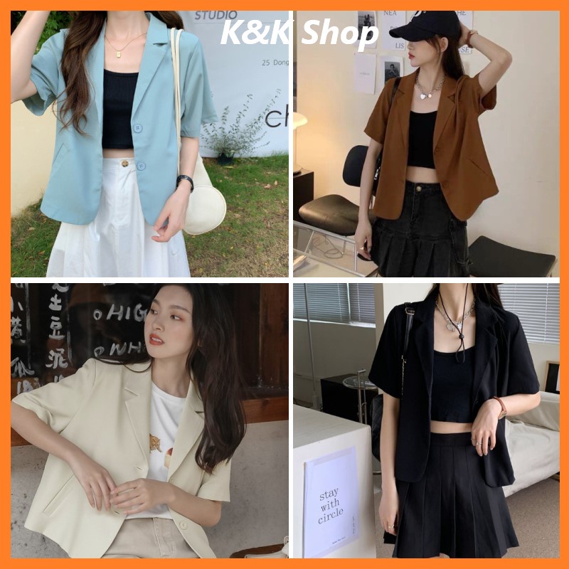 Áo blazer cộc tay croptop màu trơn 2 cúc, áo khoác vest dáng ngắn phong cách Hàn Quốc | BigBuy360 - bigbuy360.vn