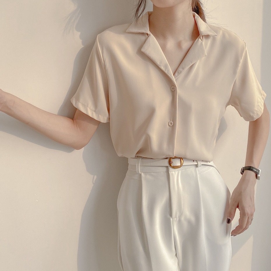 WANG JIAO ZHAN Áo Sơ Mi Ngắn Tay Màu Trơn Phong Cách retro Hàn Quốc Mới