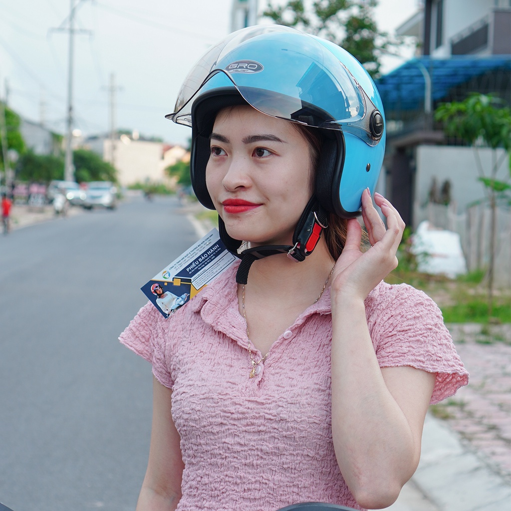 Mũ Bảo Hiểm 3/4 đầu GRO Helmet T818 có kính ngắn che nửa mặt, kiểu dáng thời trang cho nữ, khóa kim loại - Xanh Dương