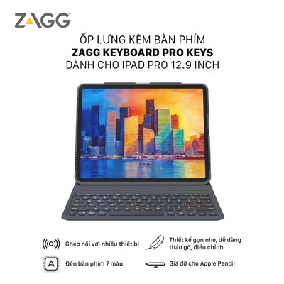 Ốp lưng iPad kèm bàn phím ZAGG Pro Keys iPad Pro 12.9 inch, chống sốc đến 2m, LED 7 màu, BH 1 năm