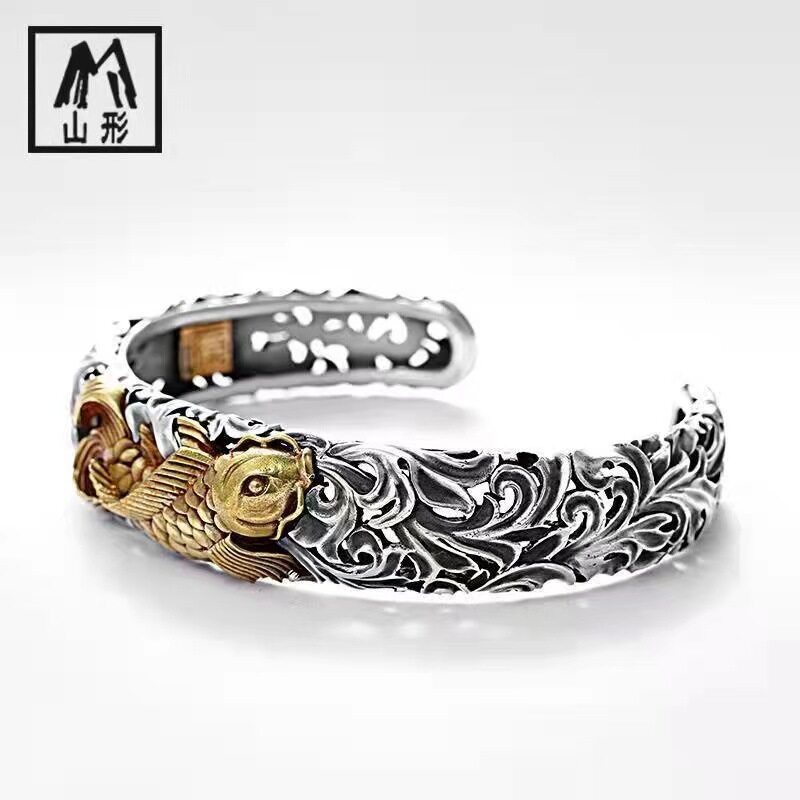 RL-Lucky Koi vòng tay bạc tốt lành, sai màu, Koi, Tang, mẫu cỏ, vòng tay, thời trang, cá tính, vòng tay cá chép, đại diện cho trường thọ, điềm lành, mang lại may mắn, vòng tay nam nữ