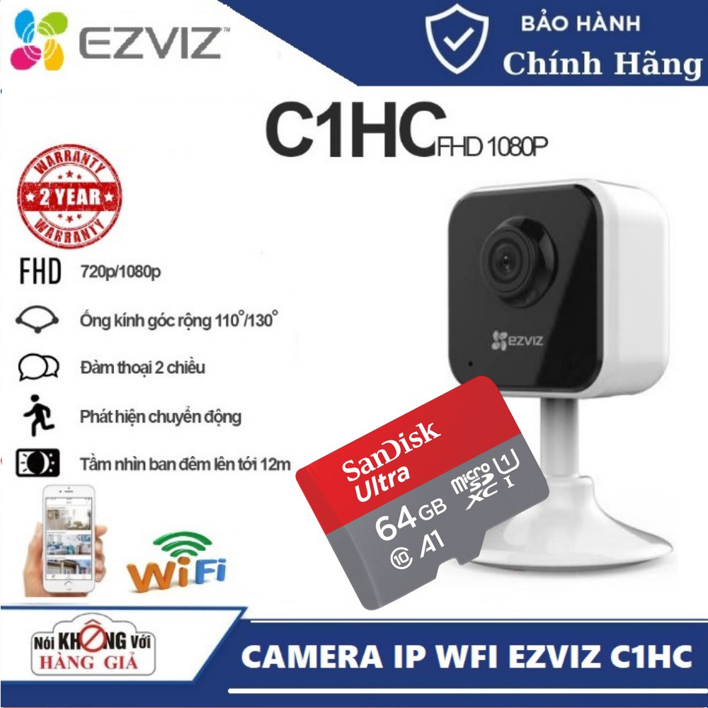 Bảo hành 12 tháng-Camera Wifi EZVIZ C1HC 2.0 MPX- đàm thoại 2 chiều, phát hiện chuyển động , ống kính góc rộng 130 độ