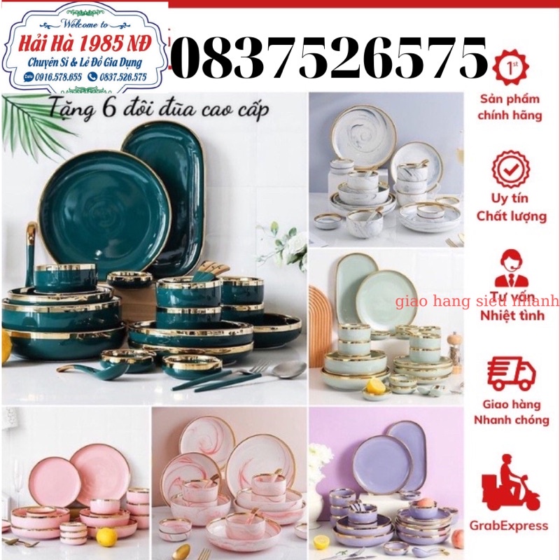 Bộ Bát Đĩa Đẹp, Chén Đĩa Sứ 26 Món Viền Vàng Cao Cấp Phong Cách Bắc Âu Dành Cho 6 Người Ăn, Sang Trọng.