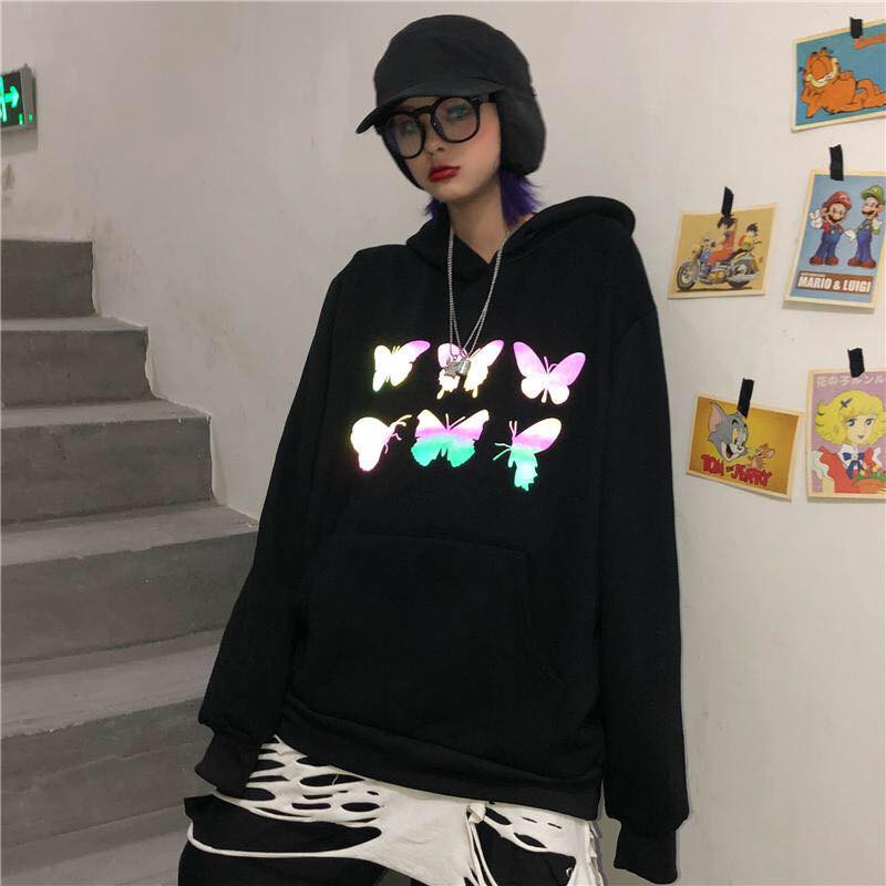 Áo Khoác Hoodie In Hình Bướm Phản Quang Ulzzang Unisex Chất Nỉ Bông Cao Cấp Dáng Rộng Nam Nữ - MM