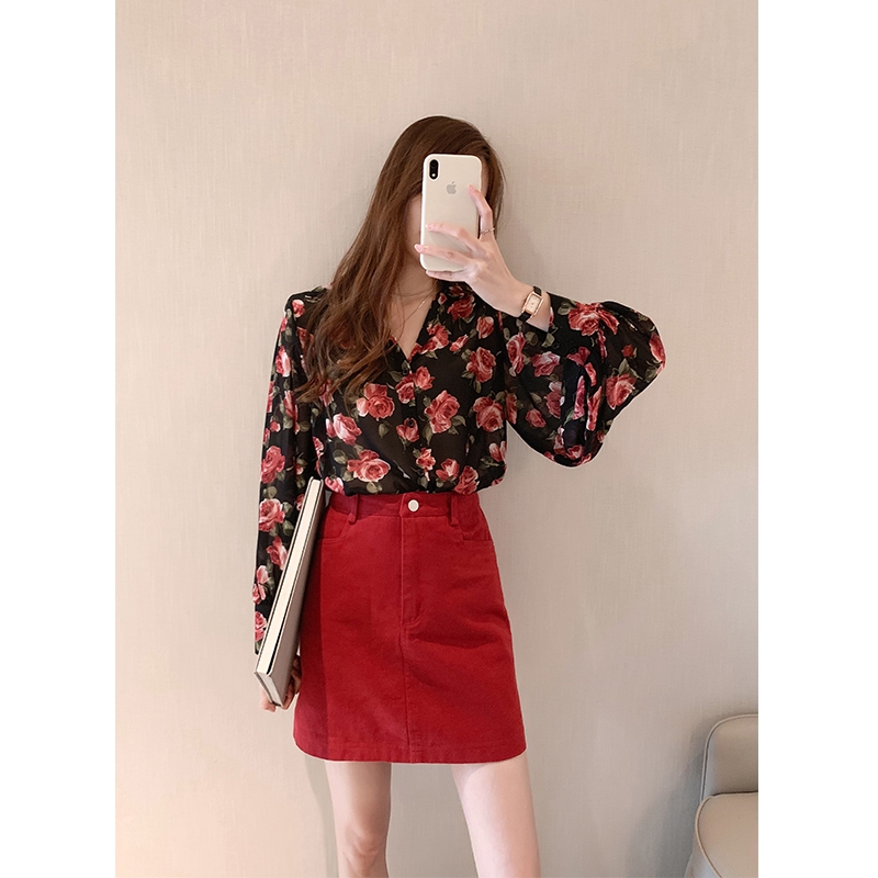 SUXI Áo Sơ Mi Chiffon Tay Dài Dáng Rộng In Hoa Kiểu Retro Xinh Xắn Cho Nữ