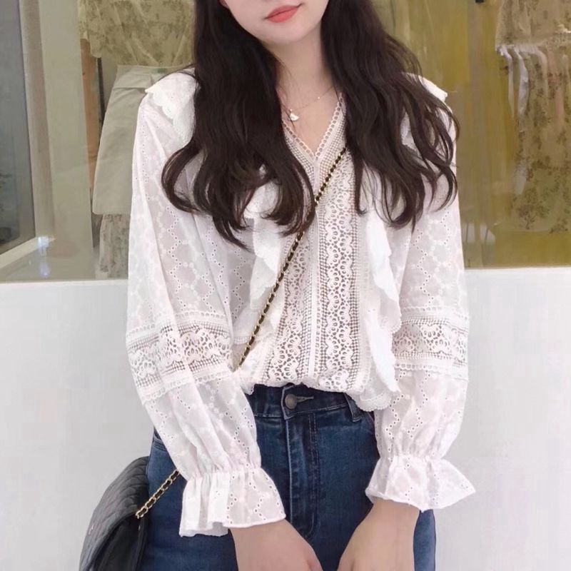 Áo Kiểu Tay Dài Phối Ren Hoa Thiết Kế Ngọt Ngào Cho Nữ