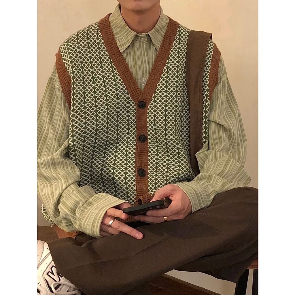 【S-3XL】Áo Khoác Cardigan Nam Dệt Kim Cổ Chữ V Dáng Rộng Phong Cách Hàn Quốc Cho Giới Áo Ghi Lê Nữ Áo Len Không Tay Cổ Chữ V Cardigan Caro