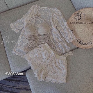 Set 3 món set ren đi biển áo khoác tay lỡ bra kiểu yếm có đệm ngực kèm quần đùi sexy gợi cảm