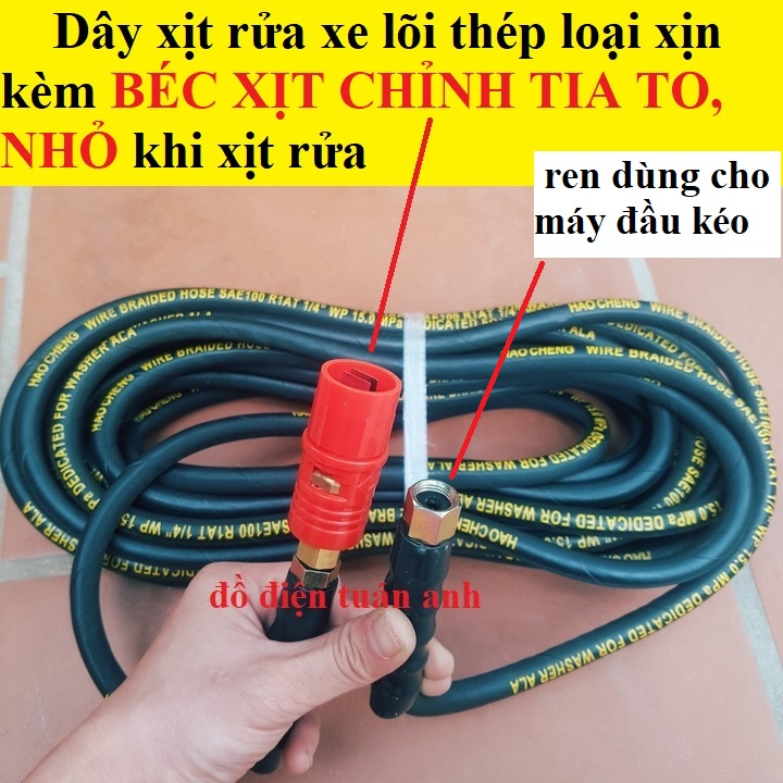 Dây Xịt Rửa Xe Áp Lực Cao Lõi Thép 10M-15M-20M ren 13,14mm kèm béc xịt chỉnh tia dùng cho đầu máy rửa xe culoa kéo