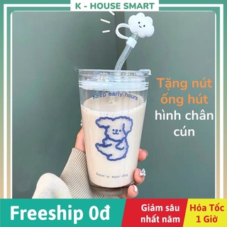 Cốc thuỷ tinh dày dặn decor có nắp và ống hút thuỷ tinh hình gấu mũm mĩm, ly thuỷ tinh dễ thương
