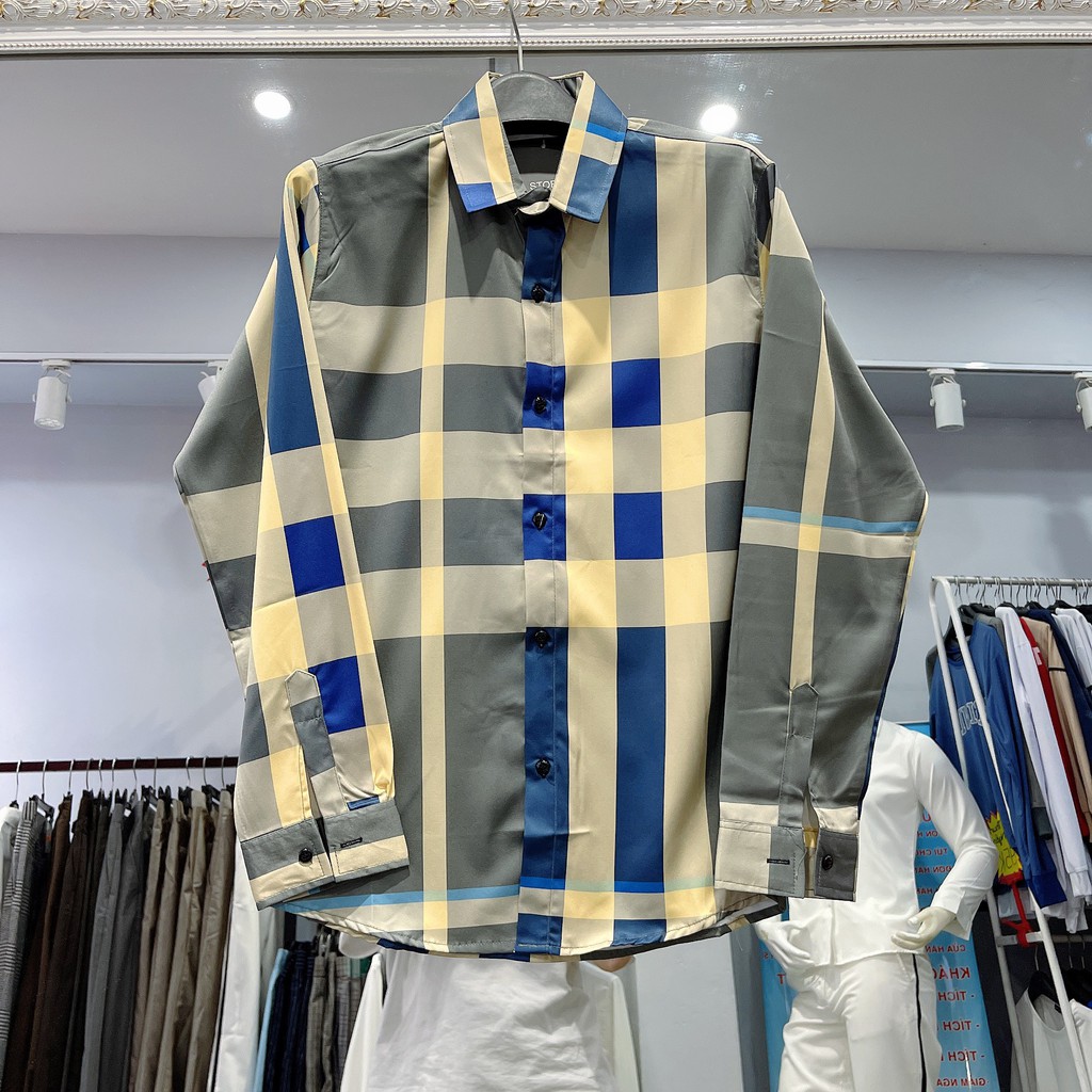 Mẫu áo sơ mi mới 2021 bằng lụa mềm mịn cao cấp giành cho nam/nữ, họa tiết sọc 3 màu burberry  - D257