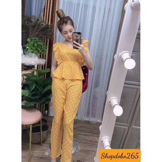 Đồ bộ nữ,đồ ngủ mặc nhà vải lụa họa tiết chấm bi thời trang size 45-55kg.