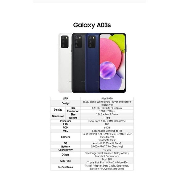Điện thoại Samsung Galaxy A03s 4GB/64GB SM-A037F/DS - Pin 5.000 mAh - Freeship |  Hàng Chính Hãng - Nguyên Seal | BigBuy360 - bigbuy360.vn
