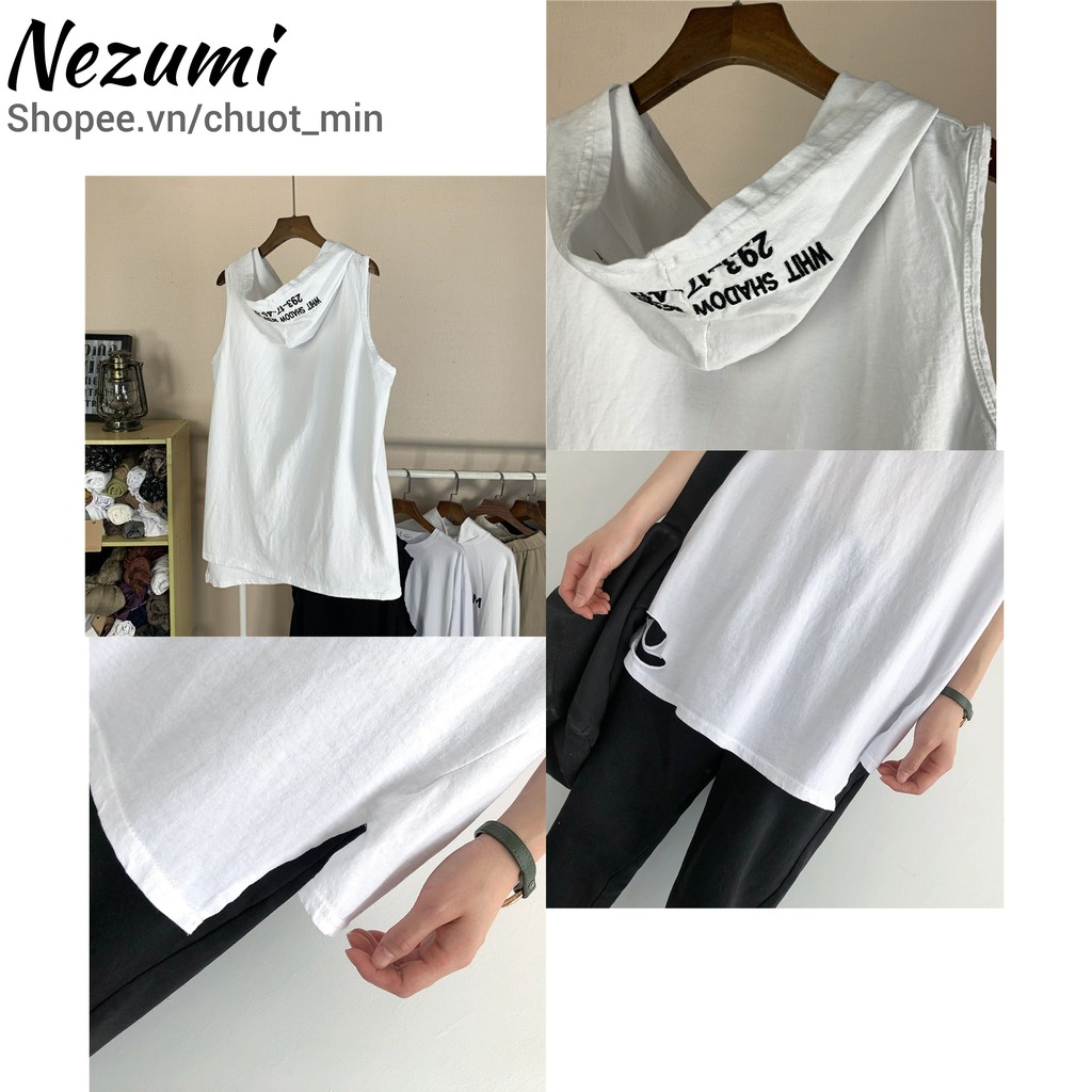 ÁO TANK TOP COTTON 95% UNISEX NAM NỮ CÓ MŨ RÁCH GẤU TẠO LAYER TÀ LỆCH ĐEN TRẮNG