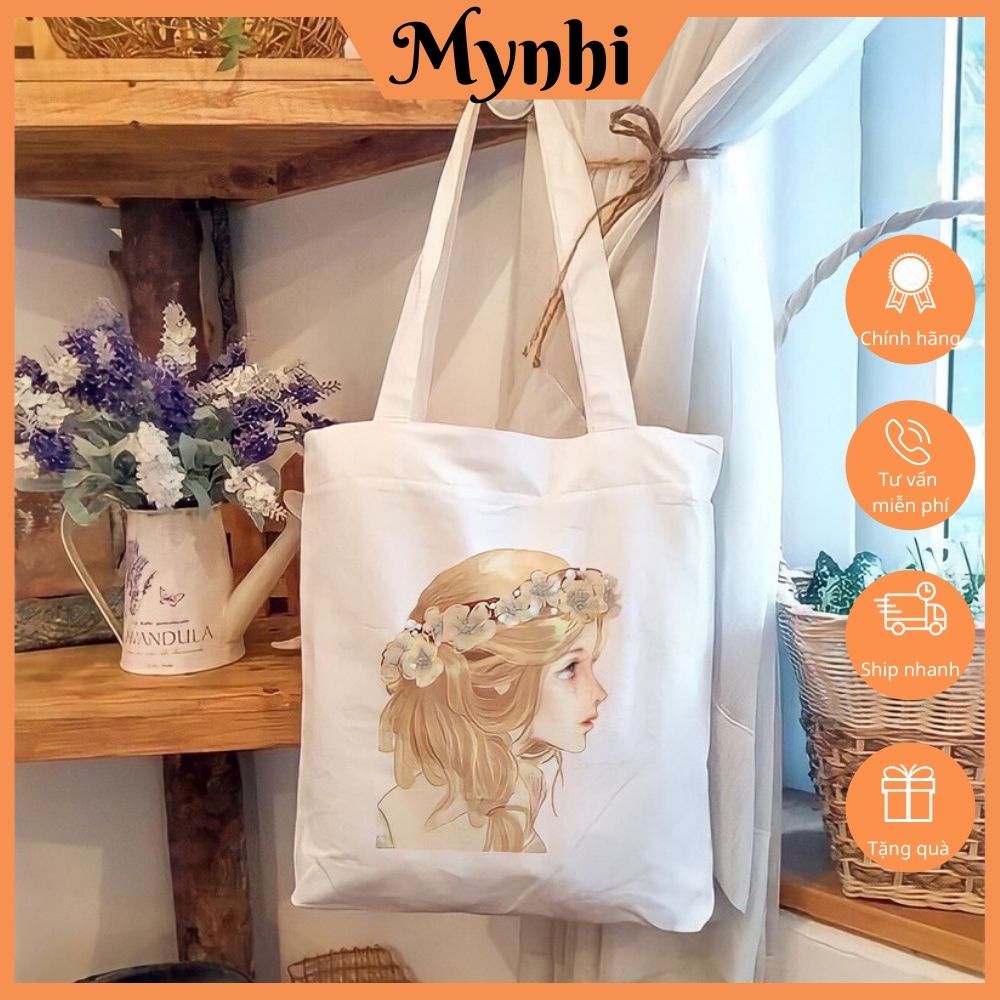 Túi tote túi vải canvas phong cách Hàn Quốc hoạ tiết cô gái và hoa đáng yêu SHOPMYNHI SMN249