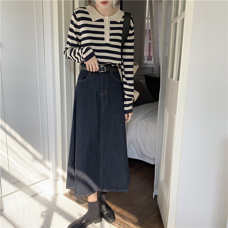 Bộ Áo Sơ Mi Kẻ Sọc + Chân Váy Denim Dài Lưng Cao Xinh Xắn Theo Phong Cách Retro Hàn Quốc | BigBuy360 - bigbuy360.vn