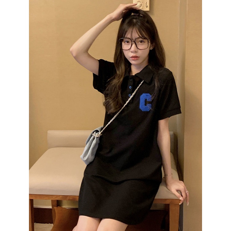 Jiashucheng Đầm Ngắn Tay Cổ polo Dáng Chữ A Phong Cách Preppy Thời Trang Mùa Hè Giản Dị Dành Cho Nữ