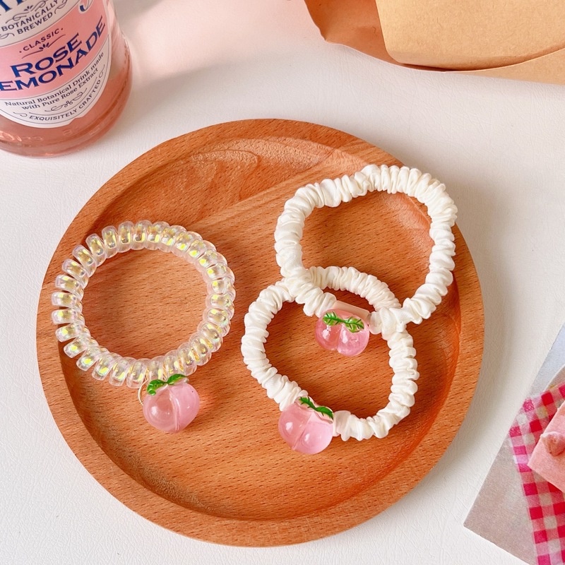 Dây Buộc Tóc Cao Su Họa Tiết Quả Đào Màu Hồng Dễ Thương Quyến Rũ Phong Cách Hàn Quốc