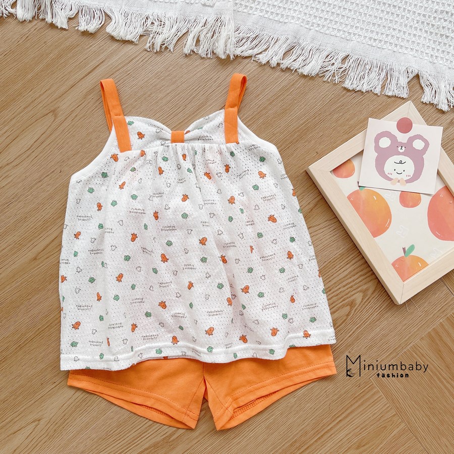 Bộ 100% cotton 2 dây xinh xắn mặc mùa hè cho bé gái miniumbabyfashion, set trẻ em mềm, mát- SB1596
