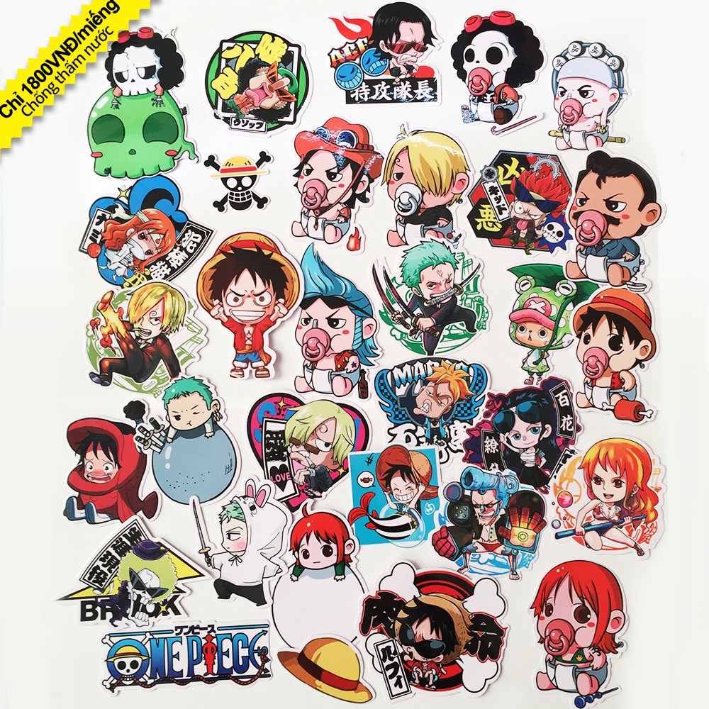 Bộ 30 Sticker One Piece Chibi Hoạt Hình - Miếng Dán Hoạt Hình One Piece