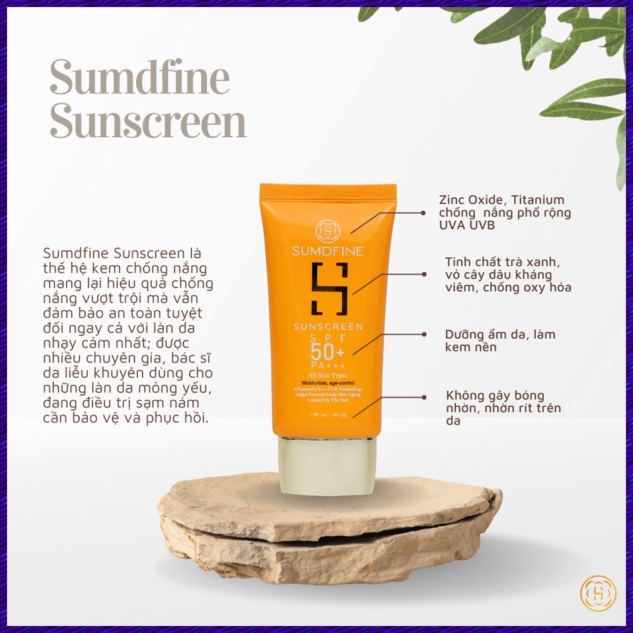 Kem Chống Nắng Vật Lý Sumdfine Sunscreen SPF 50+, PA +++, Phù Hợp Với Mọi Loại Da, Hấp Thụ Tia UVB Bảo Vê Da