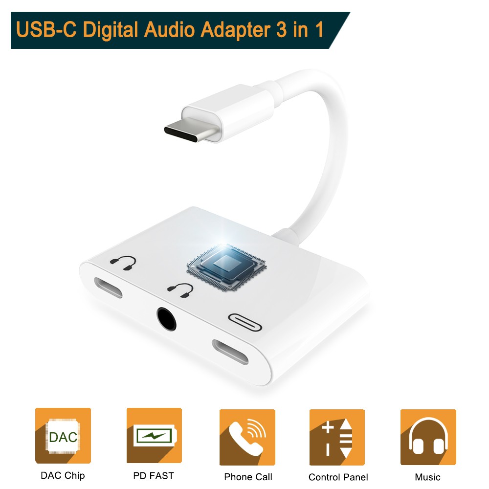 3-in-1 Splitter Type-C to Dual USB-C + 3.5 mm Audio Charger Adapter, Support PD Fast Charging