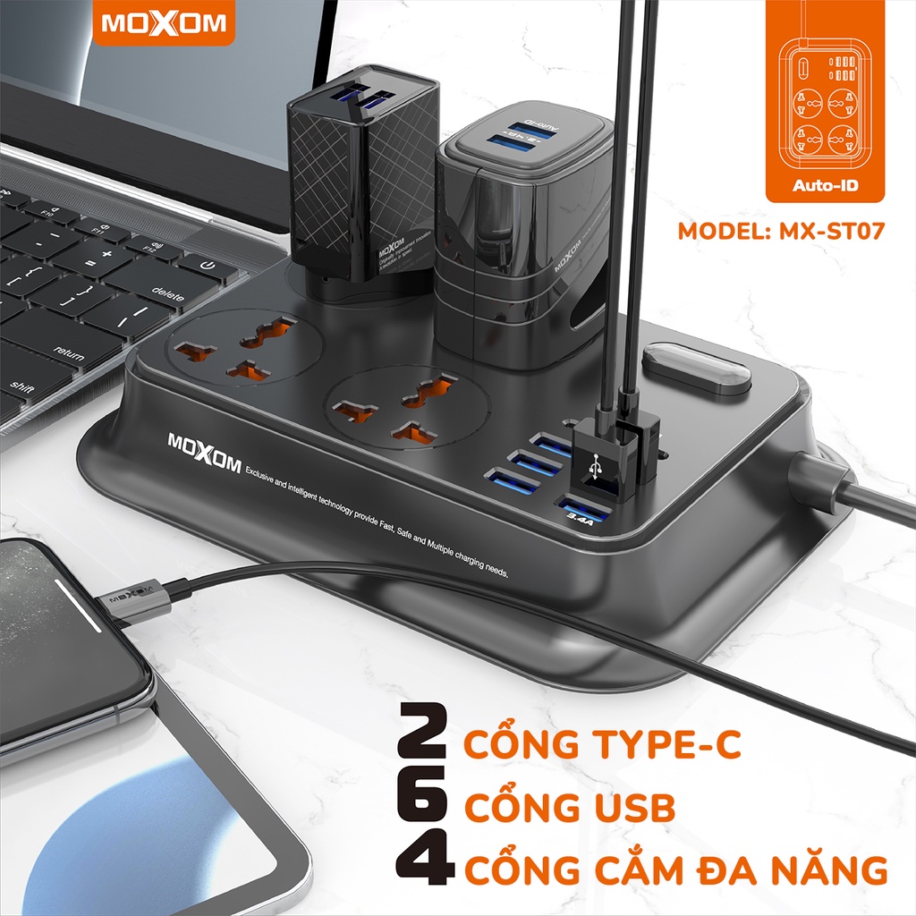 Ổ cắm điện đa năng MOXOM tải 2500W, 4 lỗ đa năng, 6 USB sạc nhanh 3.4A, 2 PD 17W, nút kích hoạt an toàn điện, dây dài 2M