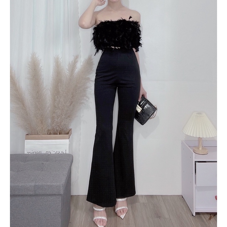 Quần tây loe đen lưng cao co giãn tôn dáng kéo khoá sau.