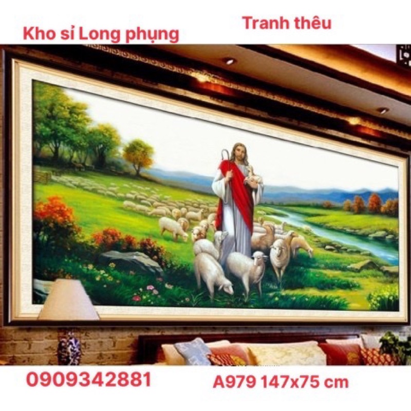 Tranh thêu chữ thập Chúa chăn chiên kích thước 75*147cm - YA979