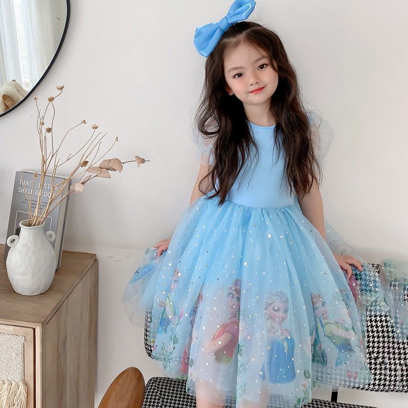 Đầm Công Chúa Phối Lưới In Hoạt Hình Kiểu Hàn Quốc Thời Trang Mùa Hè Cho Bé Gái Se7E