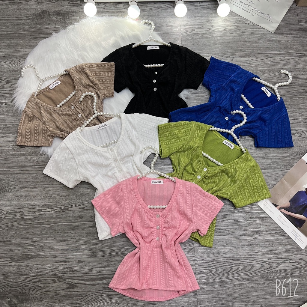 Áo thun CROPTOP body tay ngắn phối cúc gân xương cá