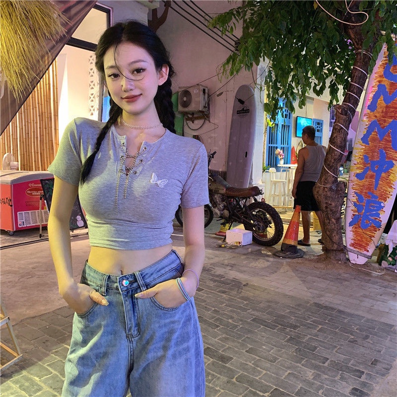Áo croptop nữ Tay Ngắn Phối Dây Xích Phong Cách Mới 2022 JL-TX-217