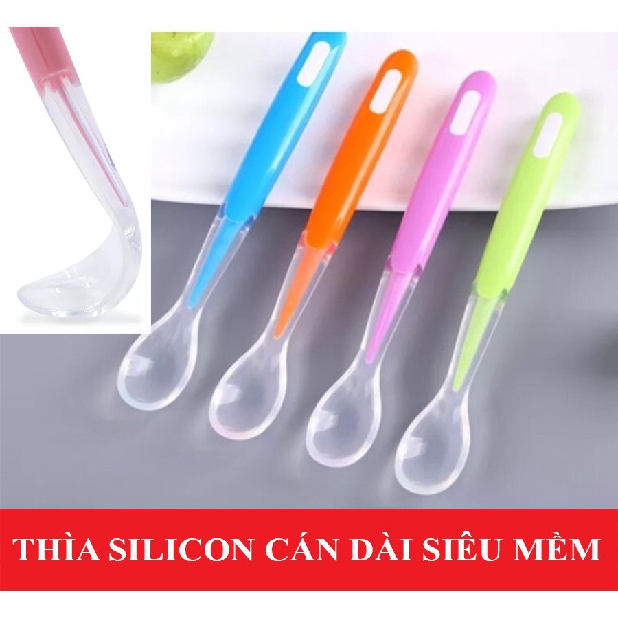 Thìa Silicon cán dài siêu mềm, thìa ăn dặm cho bé, muỗng silicone nhựa dẻo an toàn shop NEM