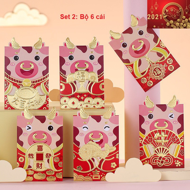Combo 6 Bao Lì Xì Hoạt Hình TẾT Tân Sửu 2021 - Nhiều loại hình trâu siêu Dễ thương
