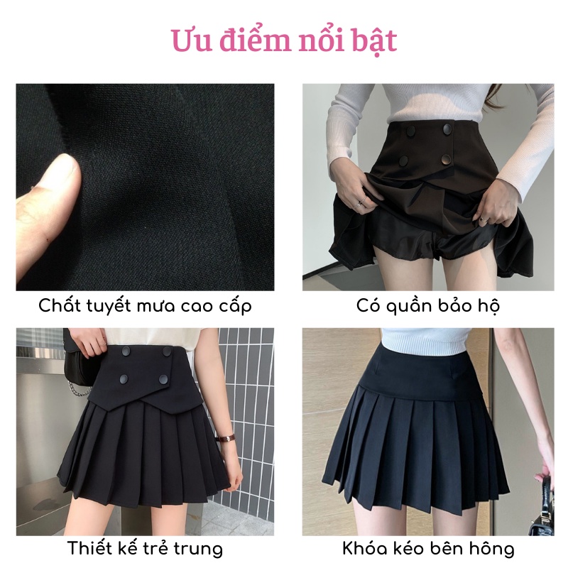 Chân váy tennis xếp ly ngắn lưng cao chữ A NỊT BỤNG 4 khuy đen trắng trẻ trung năng động vải dày có bigsize CV25