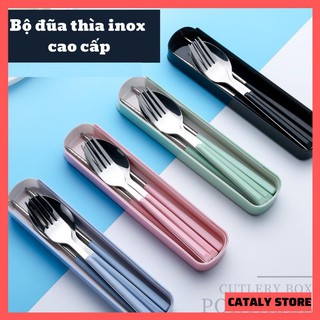 Bộ 3 MUỖNG ĐŨA NĨA INOX304 cá nhân có hộp đựng cao cấp- Hộp thìa dĩa văn phòng, du lịch tiện dụng, Màu Pastel!