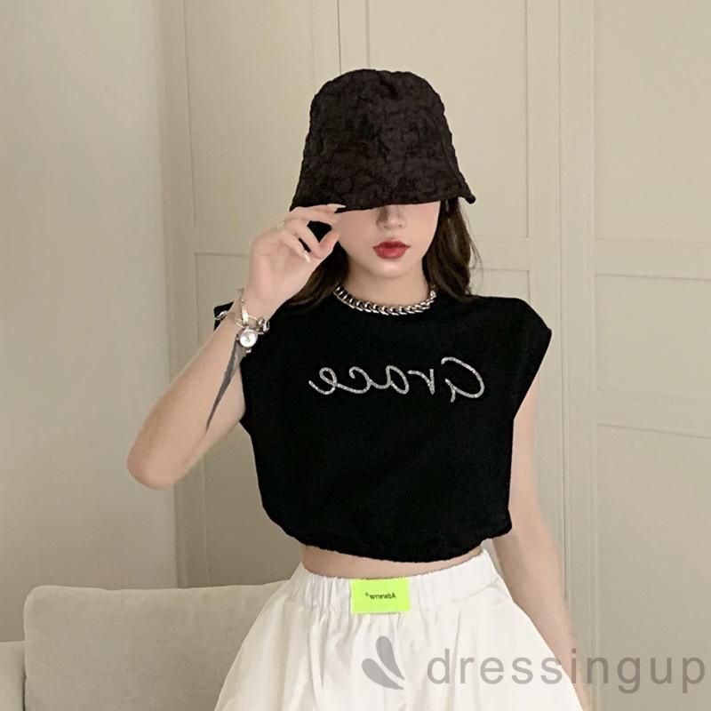 Áo Croptop Sát Nách Cổ Tròn Dáng Rộng Đính Đá In Chữ Cá Tính Cho Nữ