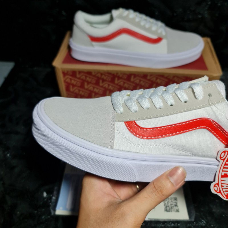 [Ảnh Thật + Video] Giày Thể Thao Vans Old Skool Trắng Sọc Đỏ || Vans Old Skool White Red