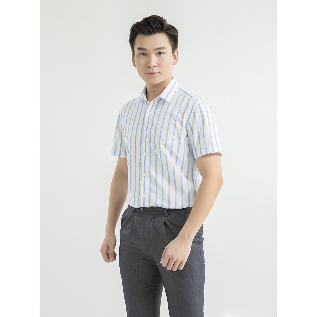 Áo sơ mi nam ngắn tay ARISTINO phom Slim fit, thiết kế tà lượn, họa tiết kẻ xanh trẻ trung, thanh lịch - ASS022S1