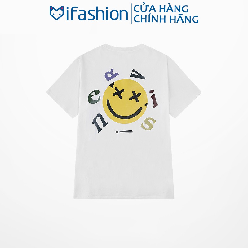 Áo thun unisex IFASHION chất cotton tay lỡ form rộng in hình mặt cười theflush N095